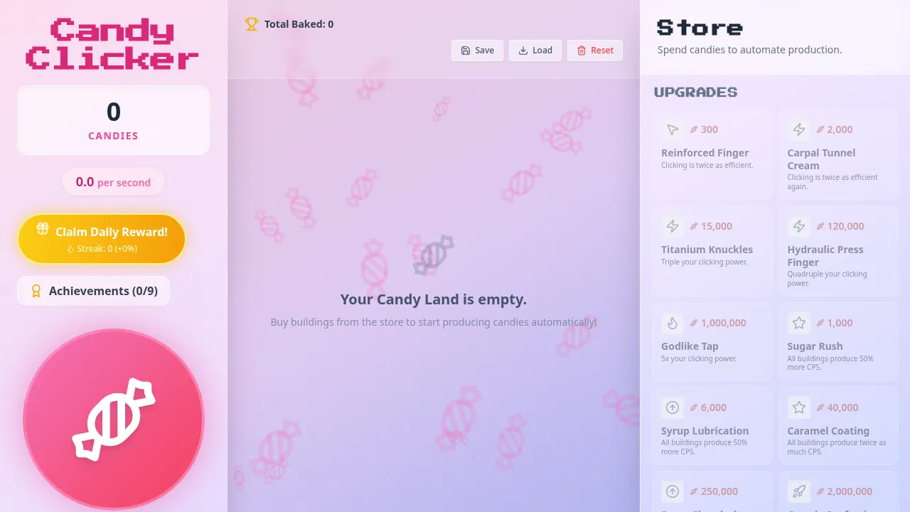 Capture d'écran de Candy Clicker à son ouverture dans le navigateur