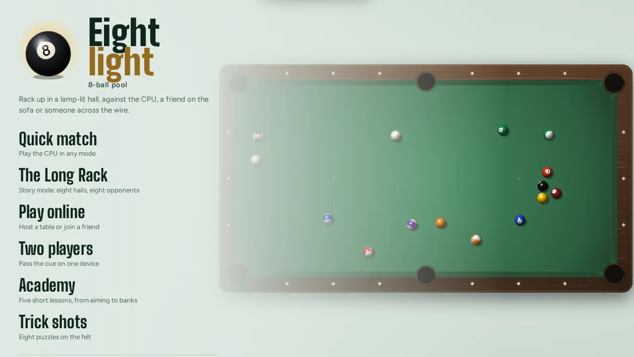 Screenshot of Eight Light as it opens in the browser