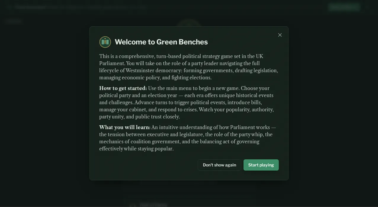 Screenshot of Green Benches as it opens in the browser