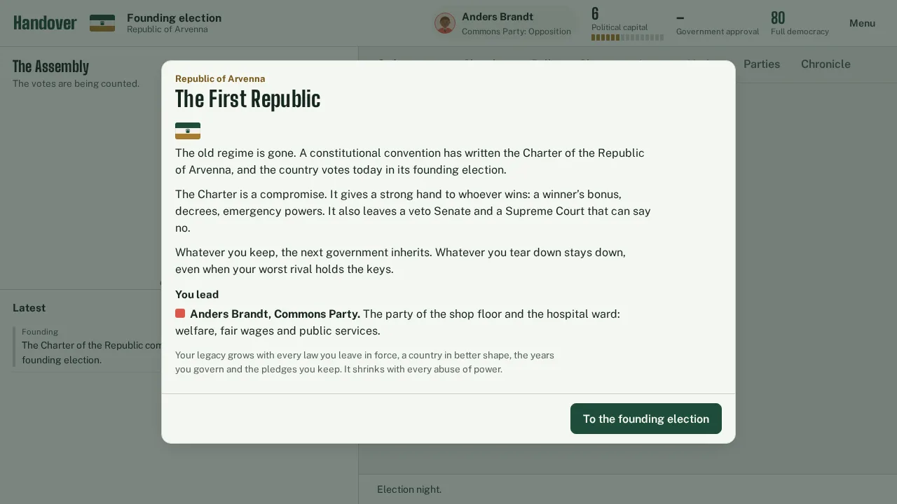 Screenshot of Handover as it opens in the browser