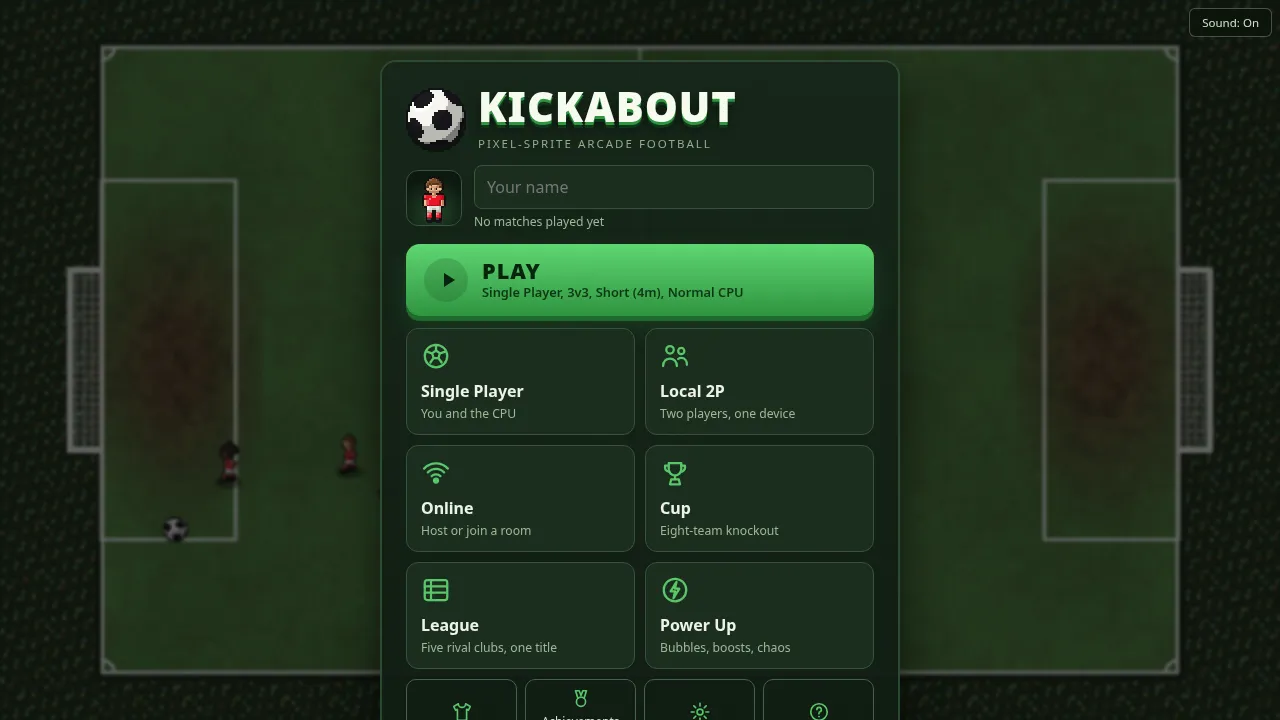 Screenshot of Kickabout as it opens in the browser