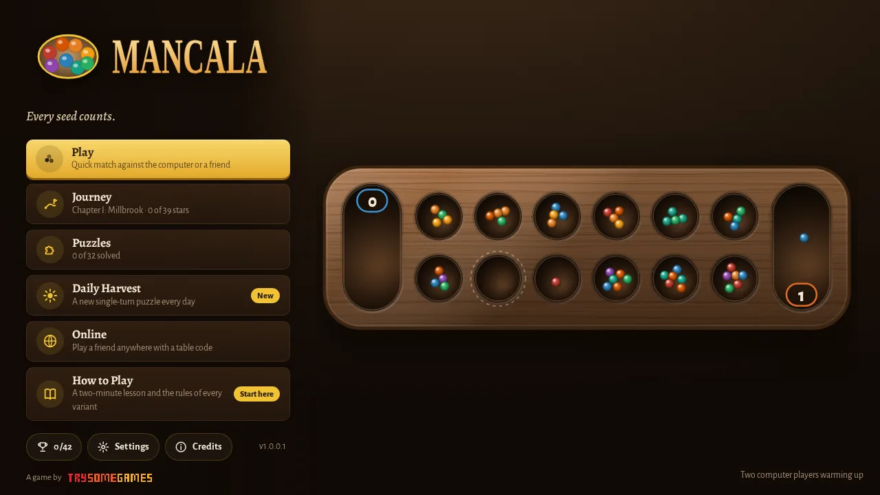 Screenshot of Mancala as it opens in the browser