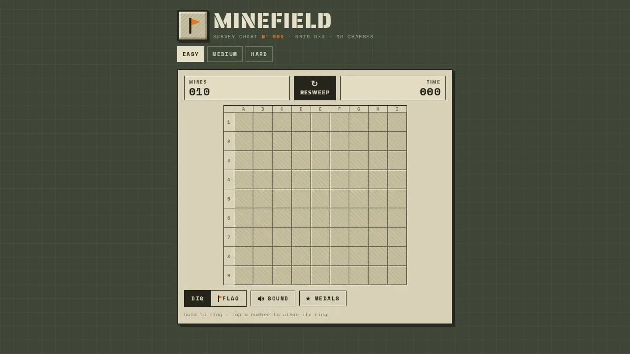 Screenshot of Minefield as it opens in the browser