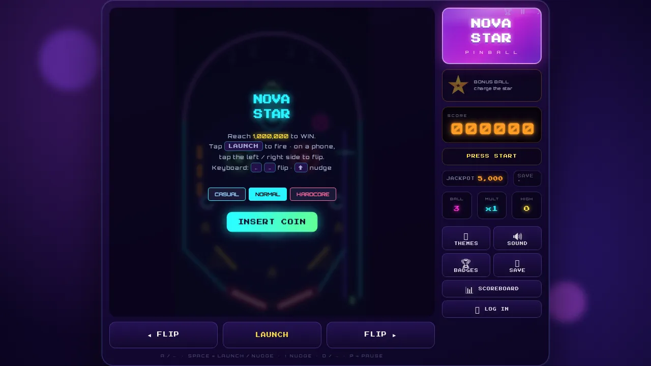 Screenshot of Pinball as it opens in the browser